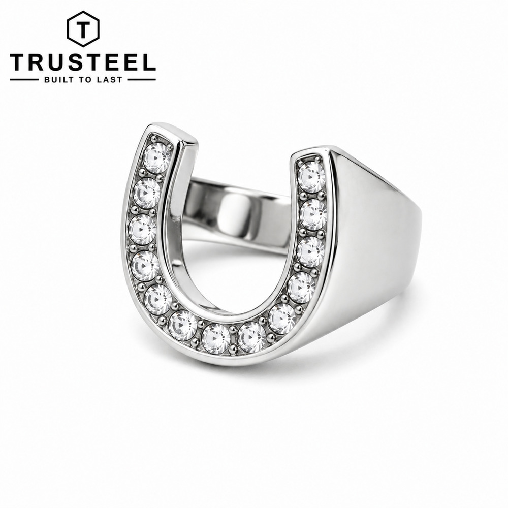 Men’s Stainless Steel Horseshoe Ring Lucky CZ Crystal Biker Statement Size 13